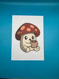 Coffee Sproutling Art Print – Cozy 5x7 Mushroom Character Illustration - Cryptid Pixels