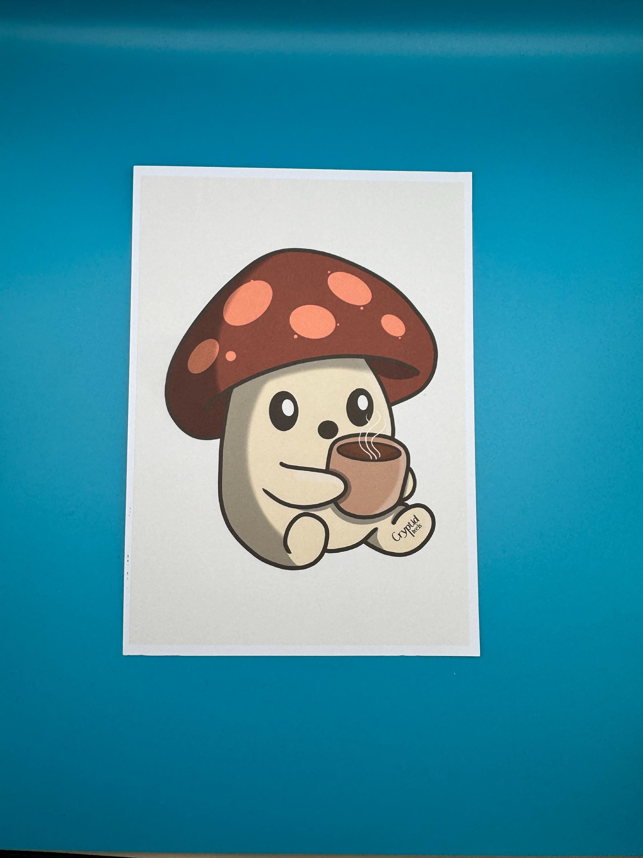 Coffee Sproutling Art Print – Cozy 5x7 Mushroom Character Illustration - Cryptid Pixels
