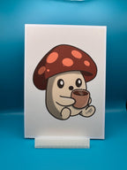 Coffee Sproutling Art Print – Cozy 5x7 Mushroom Character Illustration - Cryptid Pixels