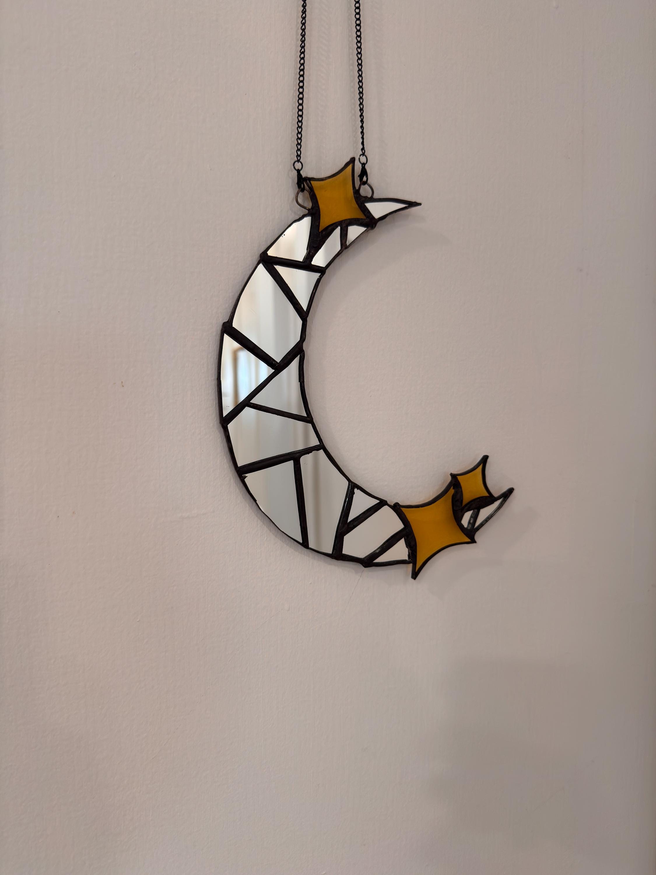 Crescent Moon Mirror Suncatcher – Stained Glass Celestial Window Hanging (8.5 Inch)