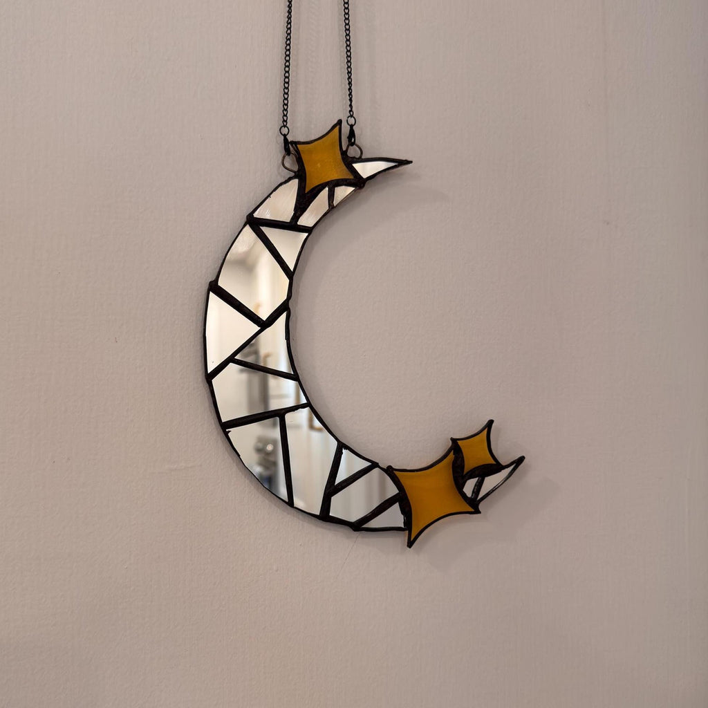 Crescent Moon Mirror Suncatcher – Stained Glass Celestial Window Hanging (8.5 Inch)