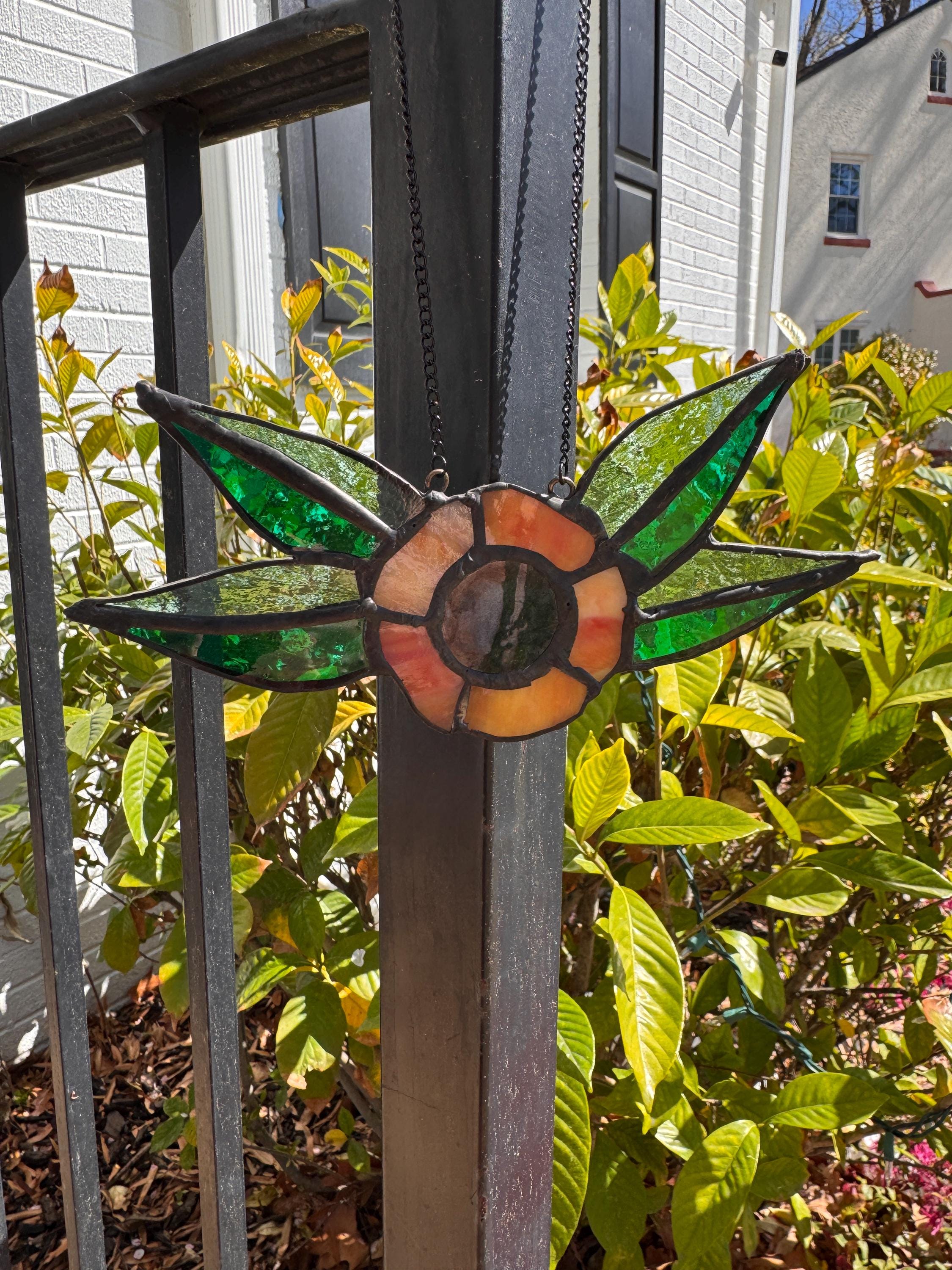 Traditional Flower Orange Stained Glass Suncatcher – 7.5 Inch - Tattoo Style Window Hanging