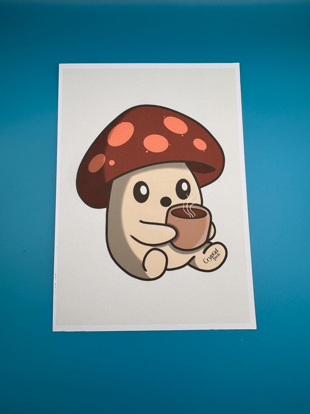 Coffee Sproutling Art Print – Cozy 5x7 Mushroom Character Illustration - Cryptid Pixels