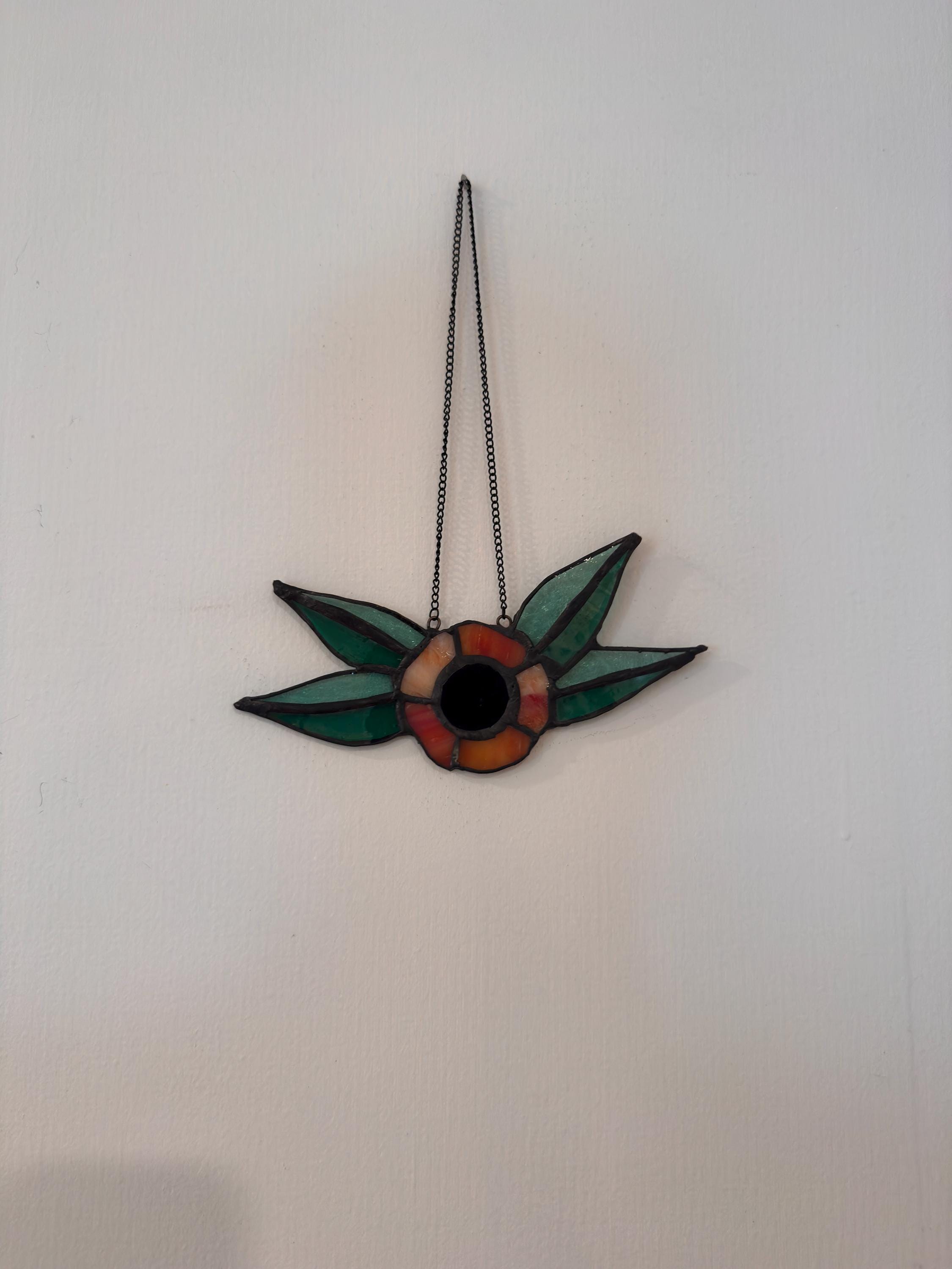 Traditional Flower Orange Stained Glass Suncatcher – 7.5 Inch - Tattoo Style Window Hanging