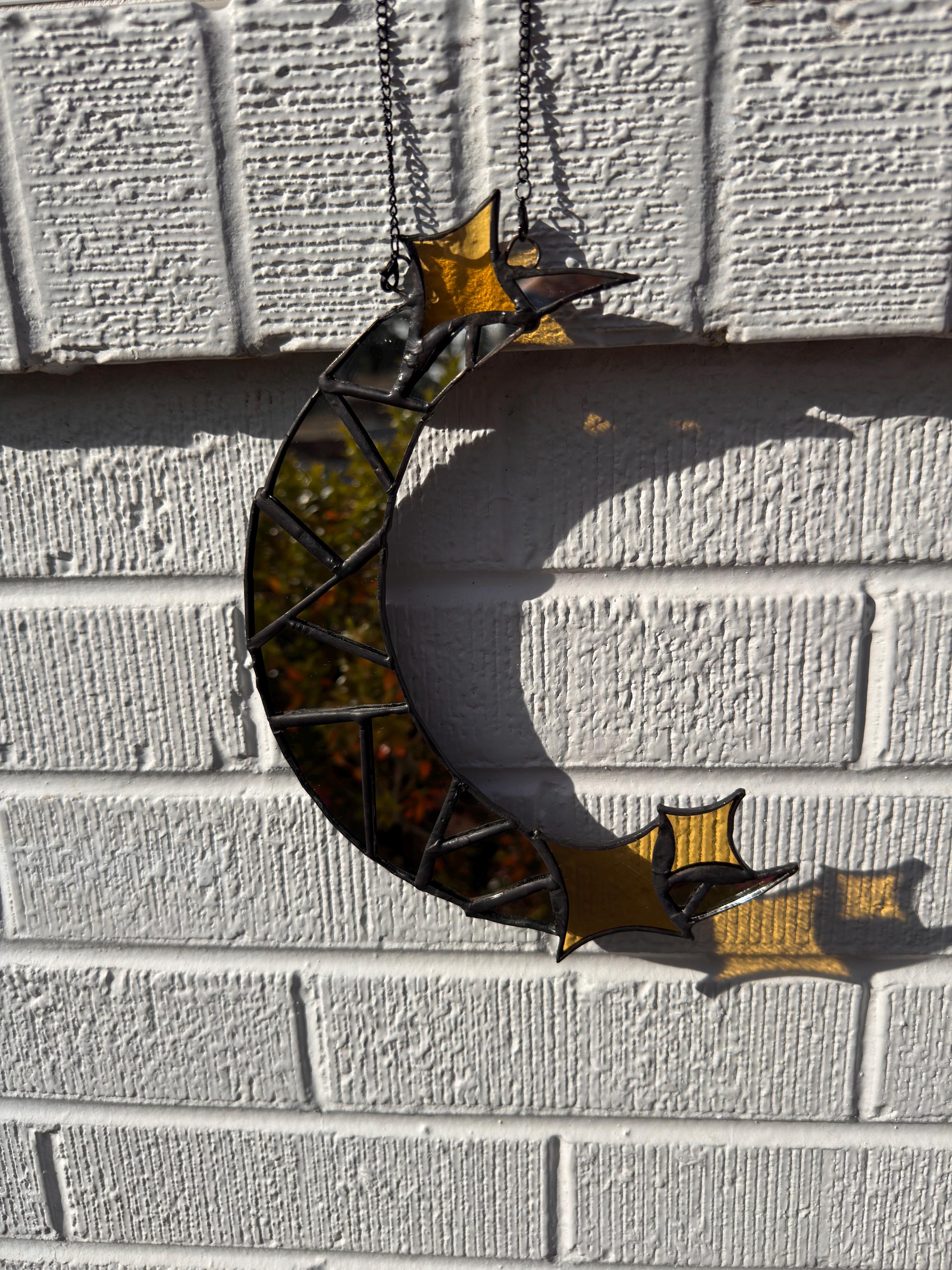 Crescent Moon Mirror Suncatcher – Stained Glass Celestial Window Hanging (8.5 Inch)