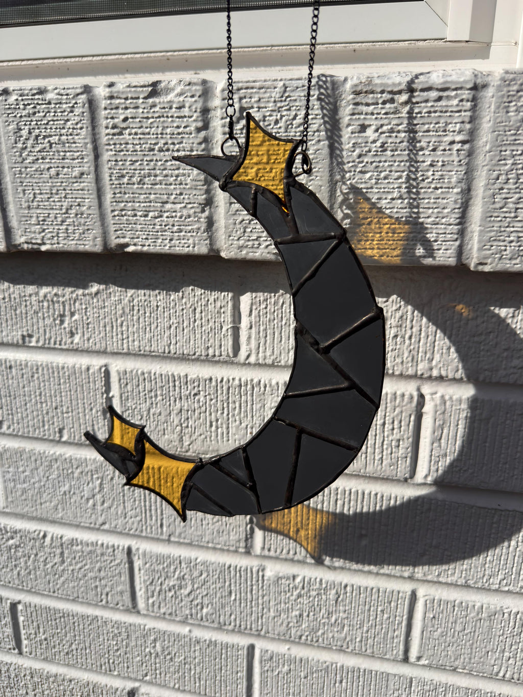 Crescent Moon Mirror Suncatcher – Stained Glass Celestial Window Hanging (8.5 Inch)