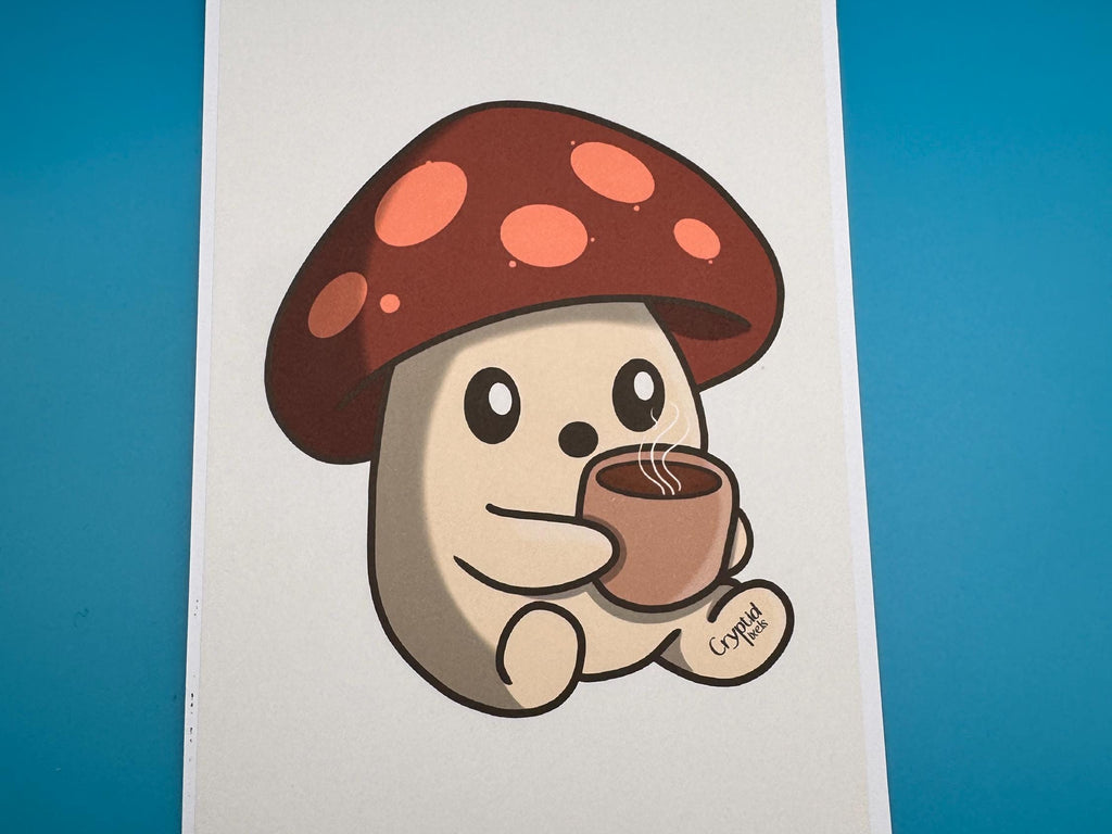 Coffee Sproutling Art Print – Cozy 5x7 Mushroom Character Illustration - Cryptid Pixels