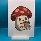 Coffee Sproutling Art Print – Cozy 5x7 Mushroom Character Illustration - Cryptid Pixels