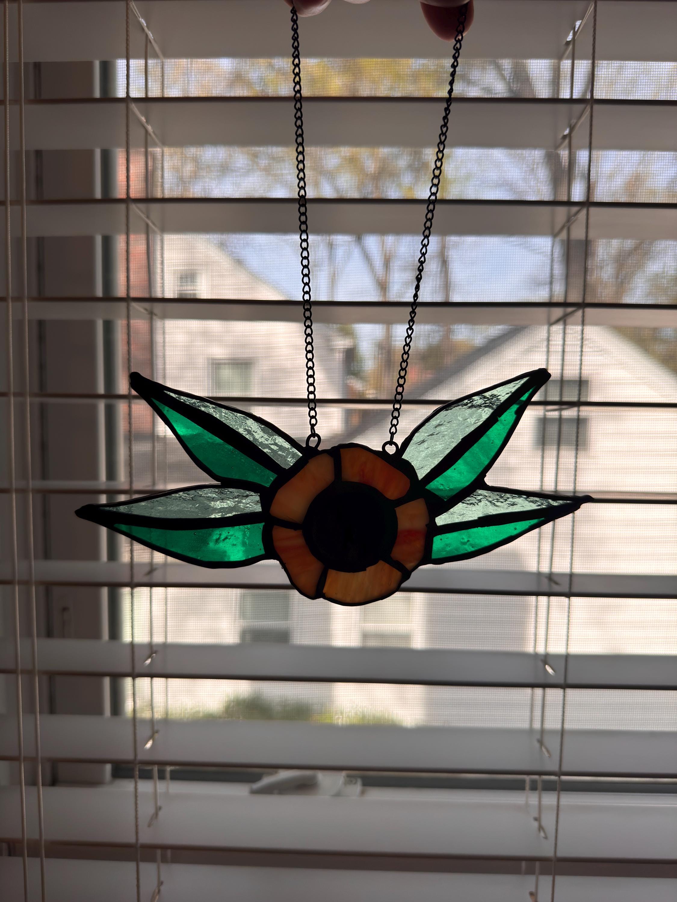 Traditional Flower Orange Stained Glass Suncatcher – 7.5 Inch - Tattoo Style Window Hanging