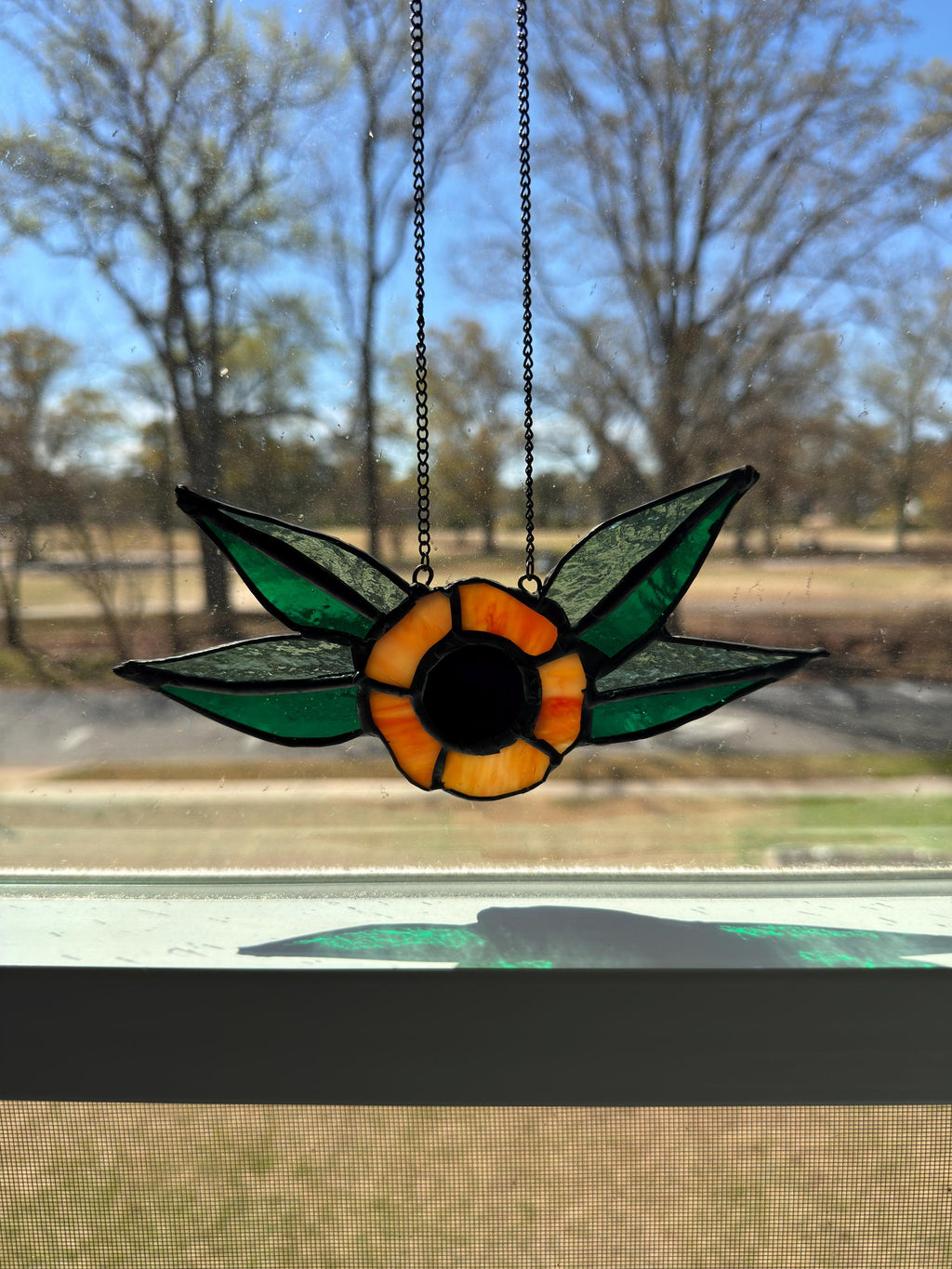 Traditional Flower Orange Stained Glass Suncatcher – 7.5 Inch - Tattoo Style Window Hanging